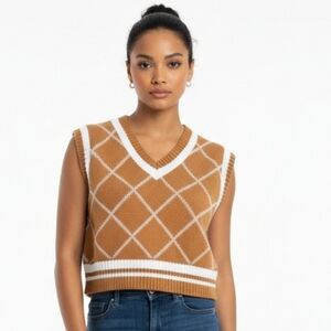 Better Be Librarian Chic Mustard Yellow White Knit Cropped Vest M (16)